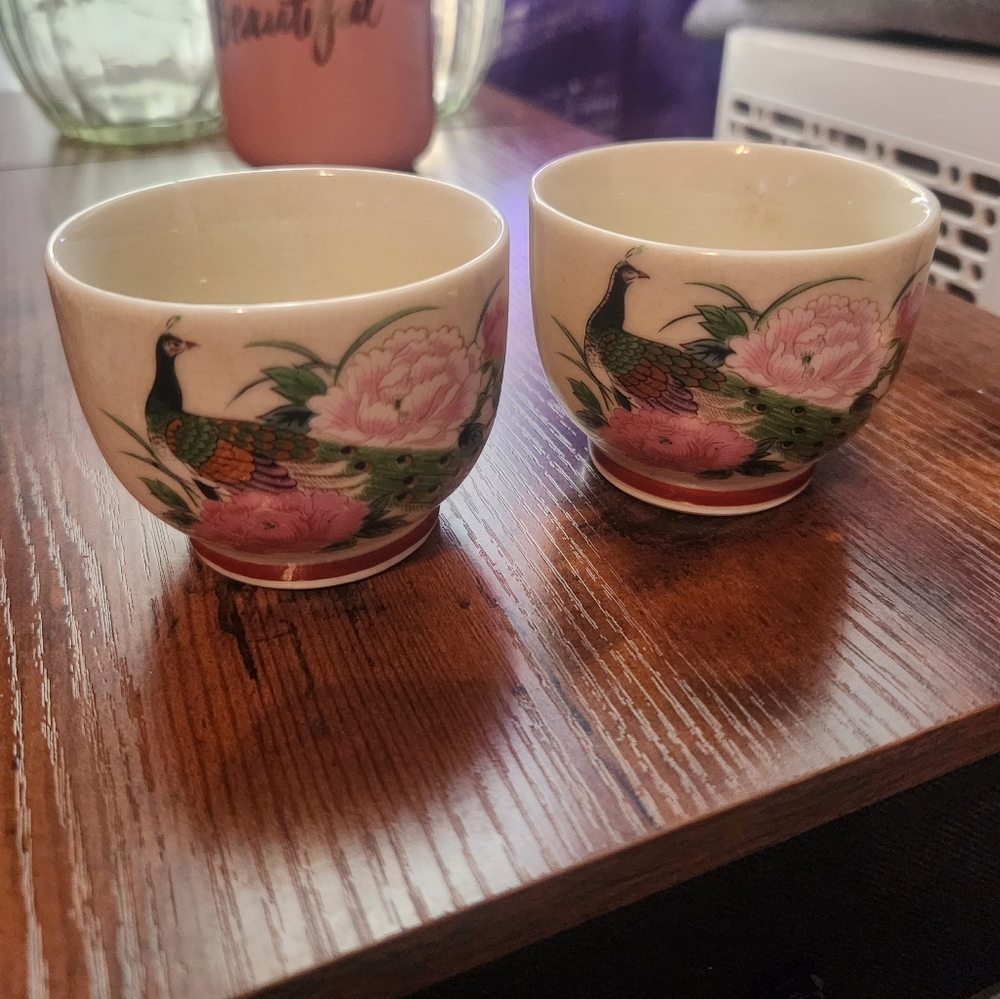 Vintage 1960's Kutani Japanese Peacock Floral Porcelain Tea Cup Set (2)